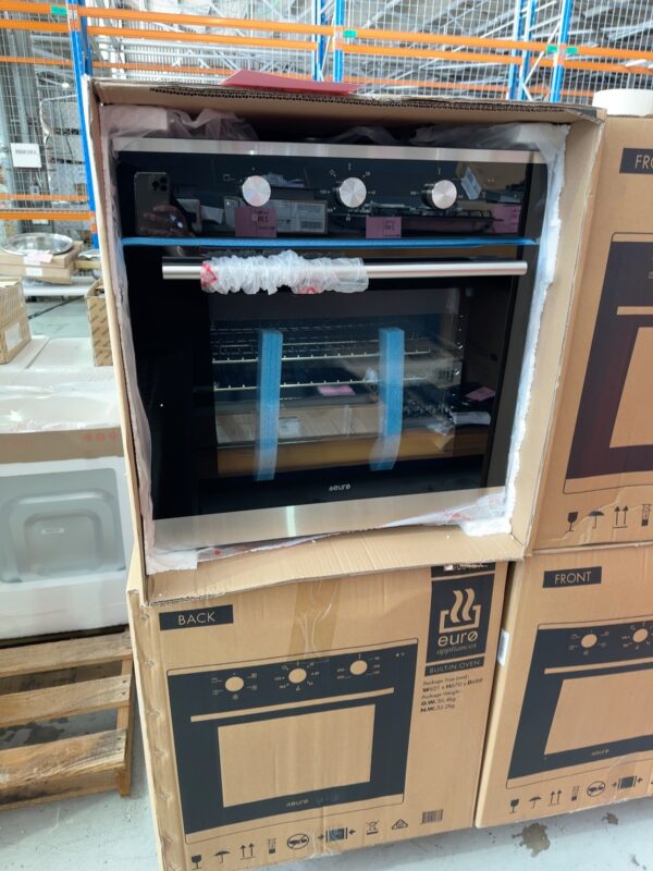 NEW EURO EO604SX 600MM ELECTRIC OVEN WITH 5 COOKING FUNCTIONS, TRIPLE GLAZED DOOR, 80 LITRE GROSS CAPACITY, CAVITY COOLING SYSTEM, WITH 2 YEAR WARRANTY