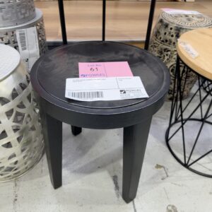 EX HIRE ROUND TIMBER & PU SIDE TABLE, SOLD AS IS