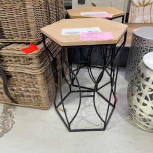 EX HIRE TIMBER &METAL SIDE TABLE, SOLD AS IS