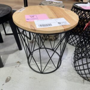 EX HIRE TIMBER &METAL SIDE TABLE, SOLD AS IS