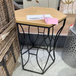 EX HIRE TIMBER &METAL SIDE TABLE, SOLD AS IS