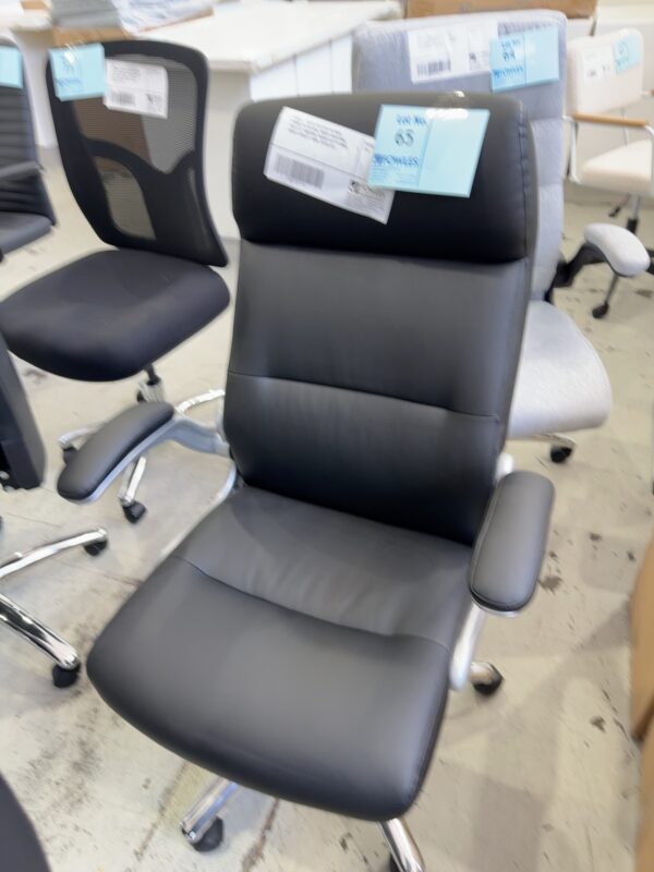 SAMPLE - BLACK EXECUTIVE PU CHAIR, CHROME PLATED BASE, HEIGHT ADJUSTABLE, CHAIR TILT FUNCTION, PADDED FLIP UP ARMS, WEIGHT CAPACITY 150KG, RETAIL $239