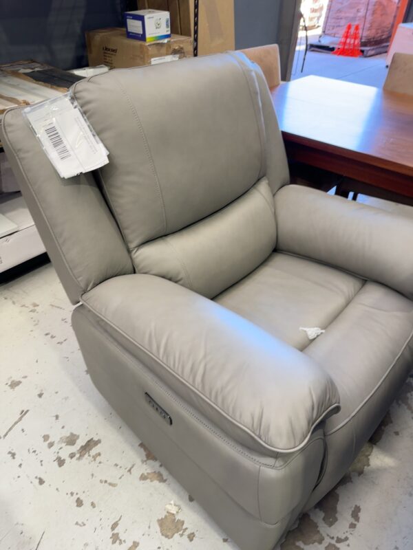 EX DISPLAY MCCRAE GREY ELITE LEATHER ELECTRIC RECLINER ARMCHAIR, SOLD AS IS