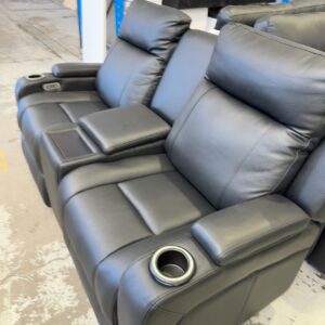 EX DISPLAY PARAMOUNT 2 SEATER THICK BLACK LEATHER THEATRE COUCH WITH ELECTRIC RECLINERS, RRP$2399