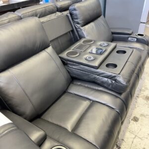 EX DISPLAY PARAMOUNT 3 SEATER THICK BLACK LEATHER THEATRE COUCH WITH ELECTRIC RECLINERS, RRP$2999