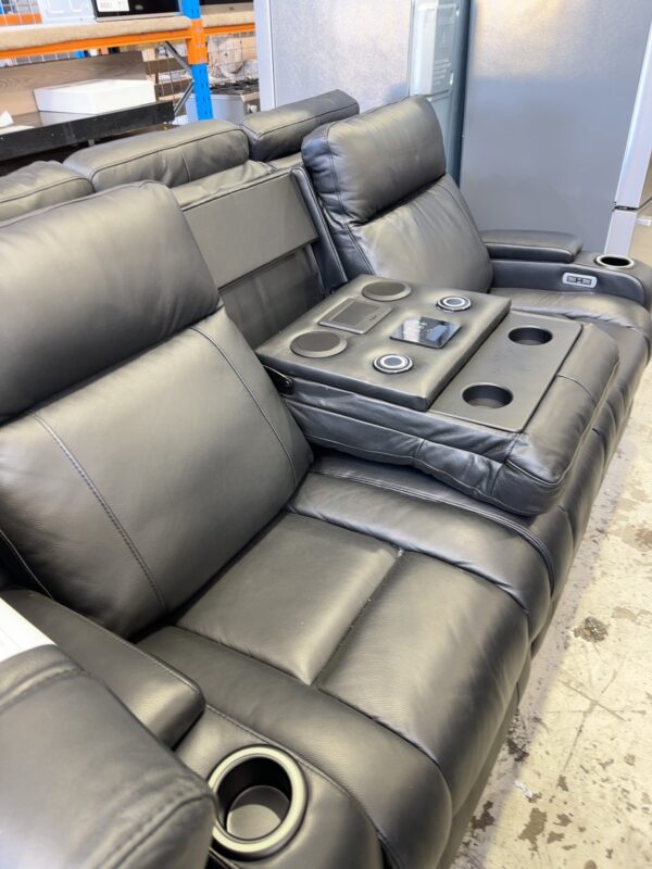 EX DISPLAY PARAMOUNT 3 SEATER THICK BLACK LEATHER THEATRE COUCH WITH ELECTRIC RECLINERS, RRP$2999