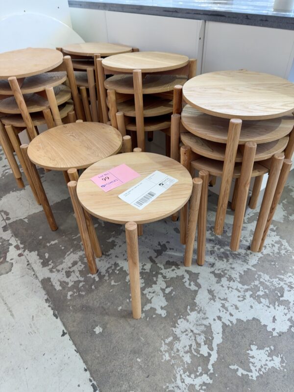 EX HIRE, ROUND LIGHT TIMBER SIDE TABLE SOLD AS IS