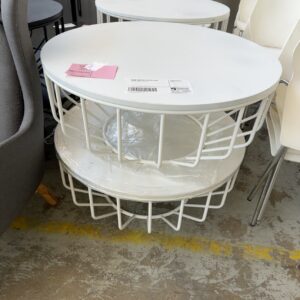 EX HIRE, WHITE METAL FRAMED ROUND COFFEE TABLE, SOLD AS IS