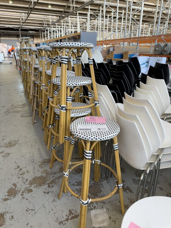 EX HIRE, FRENCH BRASSERIE BLACK & WHITE BAR STOOLS, SOLD AS IS