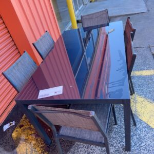 EX HIRE SMALL OUTDOOR DINING TABLE WITH CHAIRS, GLASS TOP TABLE, SOLD AS IS