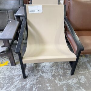 EX HIRE TAN LEATHER WITH BLACK FRAME ARMCHAIR, SOLD AS IS