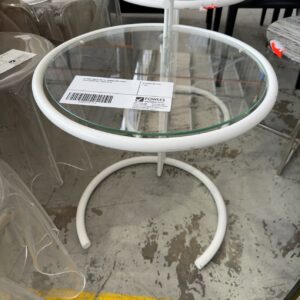 EX HIRE WHITE METAL ROUND SIDE TABLE WITH GLASS TOP, SOLD AS IS