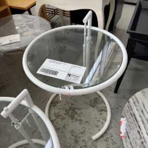 EX HIRE WHITE METAL ROUND SIDE TABLE WITH GLASS TOP, SOLD AS IS