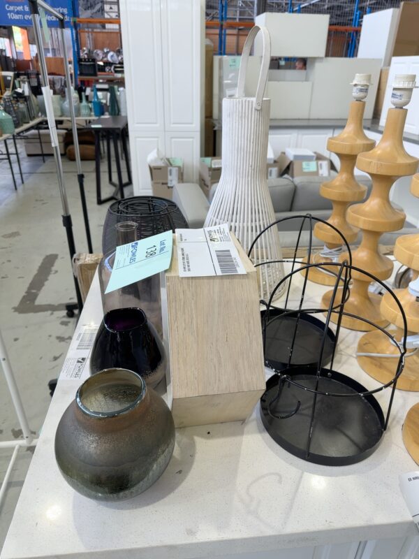 EX HIRE LOT OF 8 ITEMS, CANDLE HOLDERS, SHELF AND VASES, SOLD AS IS