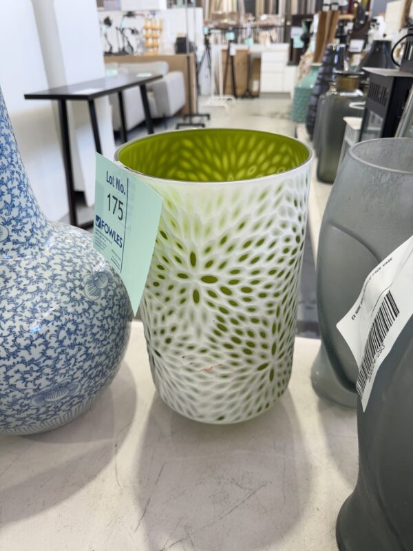 EX HIRE TALL LIME GREEN & WHITE VASE, SOLD AS IS