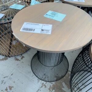 EX HIRE GREY WASH TIMBER ROUND SIDE TABLE WITH CHARCOAL WIRE BASE, SOLD AS IS
