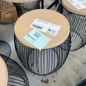 EX HIRE GREY WASH TIMBER ROUND SIDE TABLE WITH CHARCOAL WIRE BALLOON BASE, SOLD AS IS