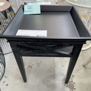 EX HIRE BLACK TIMBER SQUARE SIDE TABLE, SOLD AS IS