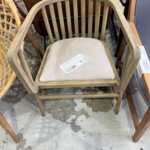 EX HIRE GREY WASHED TIMBER ARMCHAIR WITH LIGHT GREY UPHOLSTERED SEAT, SOLD AS IS