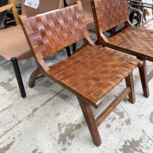 EX HIRE MID CENTURY TAN WOVEN LEATHER CHAIR AND TIMBER FRAME, SOLD AS IS