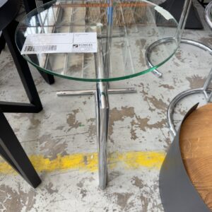 EX HIRE CHROME & GLASS SIDE TABLE, SOLD AS IS