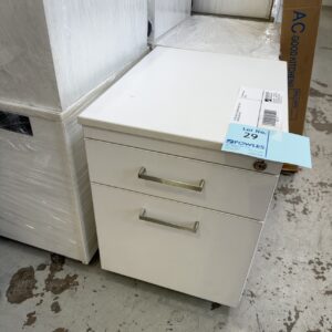 EX HIRE, WHITE 2 DRAWER CABINET WITH WHEELS, SOLD AS IS