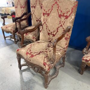 NEW REPRODUCTION FRENCH ANTIQUE FORMAL ARM CHAIRS, WITH CARVED ARMS, RED BROCADE FABRIC, SOLD AS IS