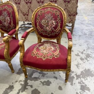NEW REPRODUCTION FRENCH ANTIQUE RUBY AND GOLD ORNATE FABRIC ARMCHAIR, SOLD AS IS