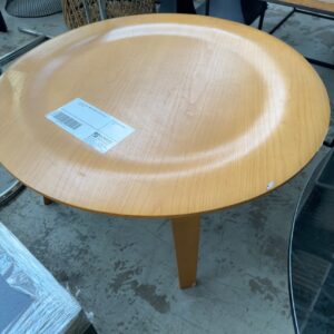 EX HIRE LIGHT TIMBER ROUND COFFEE TABLE, SOLD AS IS