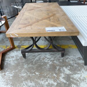 EX HIRE TIMBER & WROUGHT IRON COFFEE TABLE, SOLD AS IS