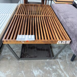 EX HIRE LIGHT TIMBER SLAT COFFEE TABLE WITH GLASS BASE, SOLD AS IS