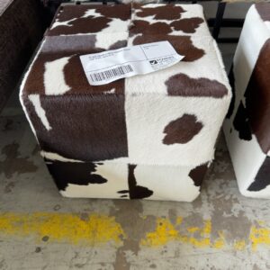 EX HIRE BROWN & WHITE COWHIDE SQUARE FOOT STOOL, SOLD AS IS