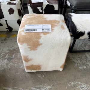EX HIRE HONEY & WHITE COWHIDE SQUARE FOOT STOOL, SOLD AS IS