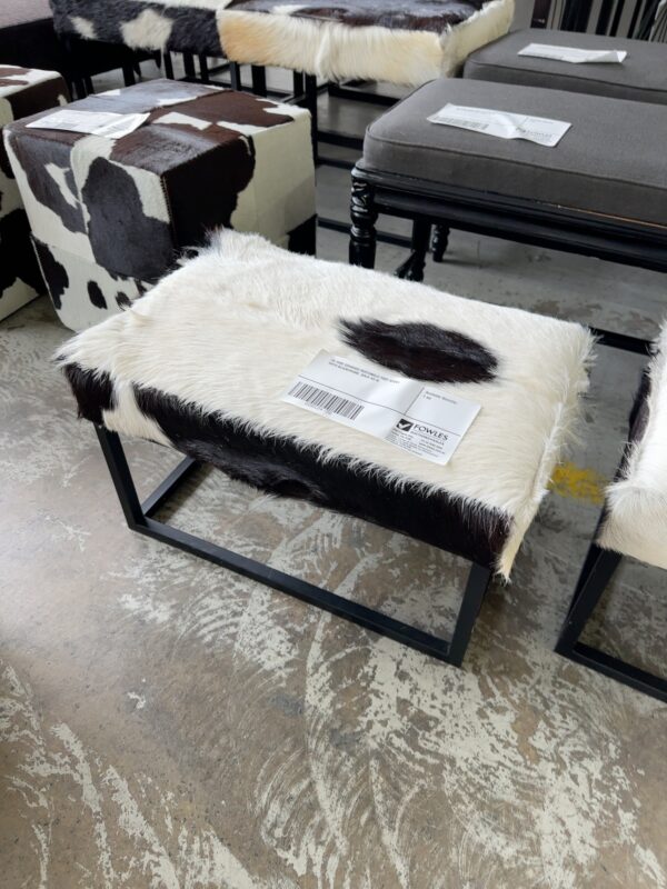 EX HIRE COWHIDE RECTANGLE FOOT STOOL WITH BLACK FRAME, SOLD AS IS