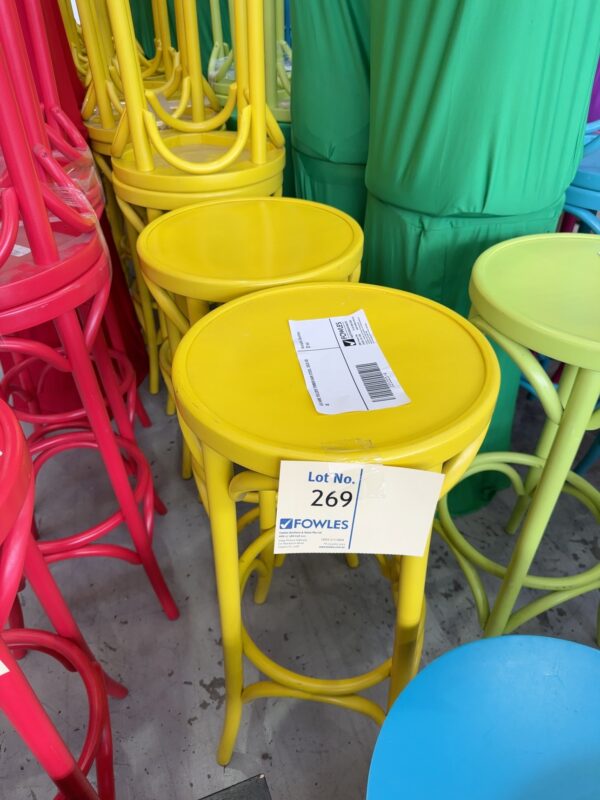 EX HIRE YELLOW TIMBER BAR STOOL, SOLD AS IS