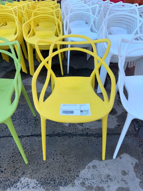 EX HIRE, YELLOW ACRYLIC STACKABLE CHAIR, SOLD AS IS