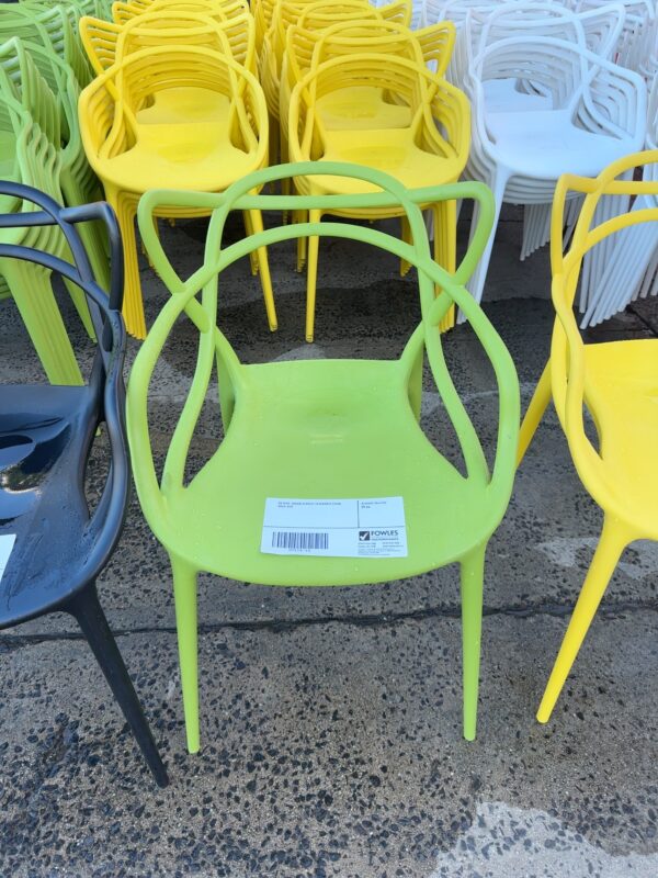 EX HIRE, GREEN ACRYLIC STACKABLE CHAIR, SOLD AS IS