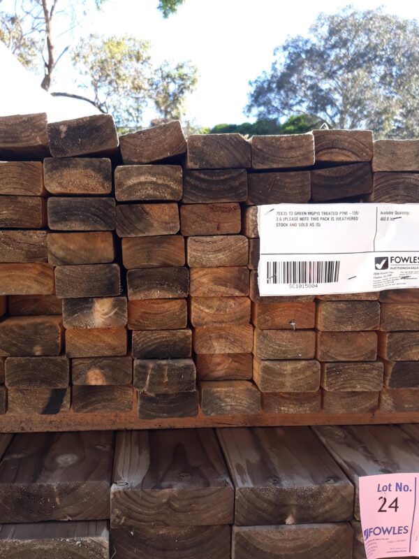 70X35 T3 GREEN MGP10 TREATED PINE-128/3.6 (PLEASE NOTE THIS PACK IS WEATHERED STOCK AND SOLD AS IS)