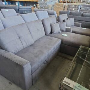 NEW DARK GREY BEATTIE STORAGE 2 SEATER COUCH WITH RIGHT HAND CHAISE, LIFT UP STORAGE UNDER CHAISE, BOTTOM OF COUCH PULLS OUT TO MAKE A BED