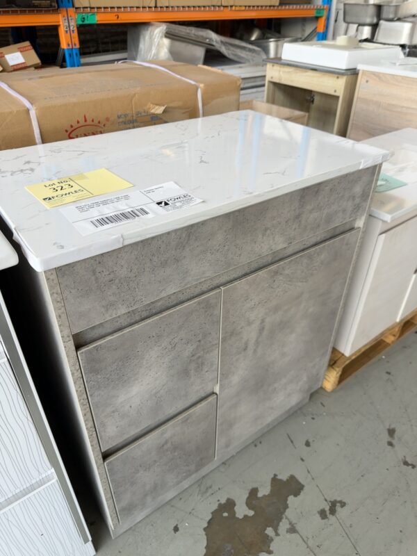 NEW LOLA 750MM CONCRETE LOOK FLOOR VANITY WITH DRAWERS LEFT, WITH CATO FLAT STONE TOP  RRP$1100 CA11-750L-ST26FT