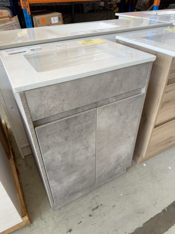 NEW LOLA 600MM CONCRETE LOOK FLOOR VANITY WITH DRAWERS LEFT, WITH SNOW STONE TOP WITH UNDERMOUNT BASIN CA11-600-ST46