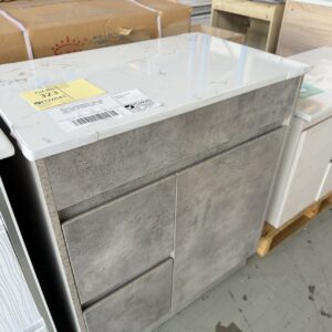 NEW LOLA 750MM CONCRETE LOOK FLOOR VANITY WITH DRAWERS LEFT, WITH CATO FLAT STONE TOP  RRP$1100 CA11-750L-ST26FT