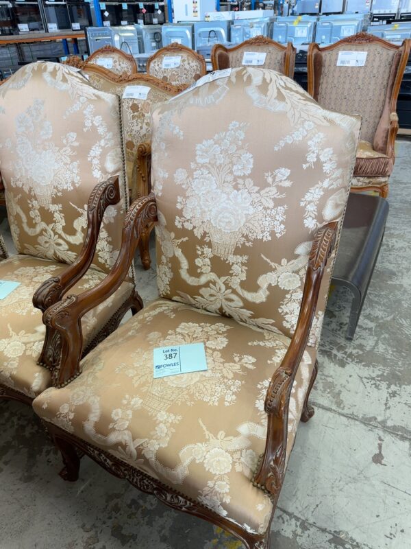 NEW REPRODUCTION FRENCH ANTIQUE STYLE BEIGE EMBROIDERED FORMAL ARM CHAIR