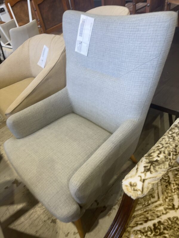 EX STAGING FURNITURE - GREY ARM CHAIR, SOLD AS IS