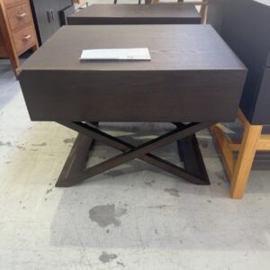 EX STAGING FURNITURE - WENGE CROSS LEG BEDSIDE TABLE, SOLD AS IS