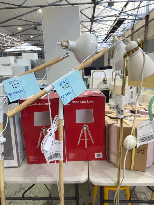 EX STAGING FURNITURE - WHITE & TIMBER FLOOR LAMP, SOLD AS IS