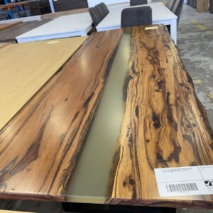 EX DISPLAY, BOSTON MARRI TIMBER DINING TABLE WITH NATURAL EDGE AND RESIN CENTRE, 2500MM RRP$3599, SOLD AS IS