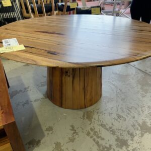EX DISPLAY, JINDALEE MARRI TIMBER ROUND DINING TABLE 1600MM, TAPERED PEDESTAL BASE, RRP$2999, SOLD AS IS