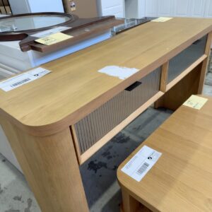 EX DISPLAY, ASTON CONSOLE TABLE 1400MM, AMERICAN OAK, FLUTED GLASS DRAWERS RRP$1499, SOLD AS IS **EDGING LIFTING SLIGHTLY**