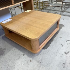 EX DISPLAY, ASTON COFFEE TABLE 900MM X 900MM, AMERICAN OAK, FLUTED GLASS RRP$999, SOLD AS IS **EDGING LIFTING SLIGHTLY**